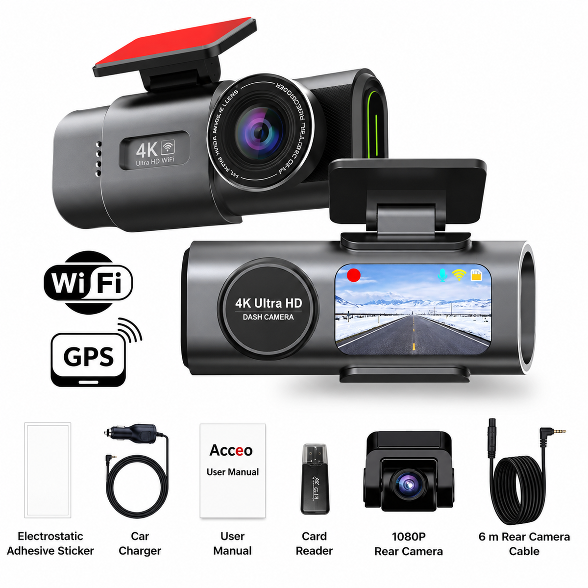 Dashcam 4K avec caméra avant et arrière | Vision nocturne, Wi-Fi et GPS | Surveillance du stationnement 24 heures sur 24, grand angle de 170° et jusqu’à 512 Go de stockage
