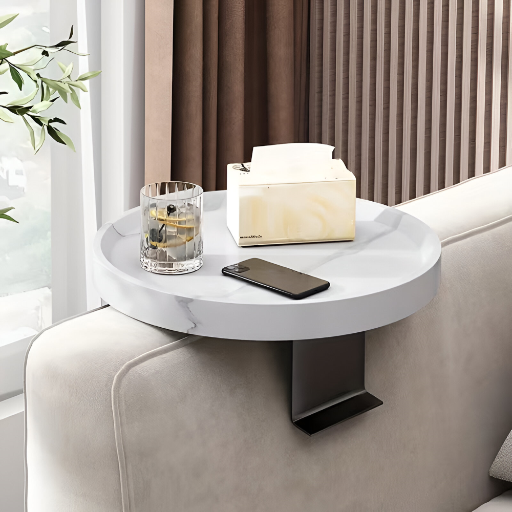 Clip-On Sofatisch Rund | Runde Ablage am Sofa | Werkzeugfrei Klemmen | ArmRestly