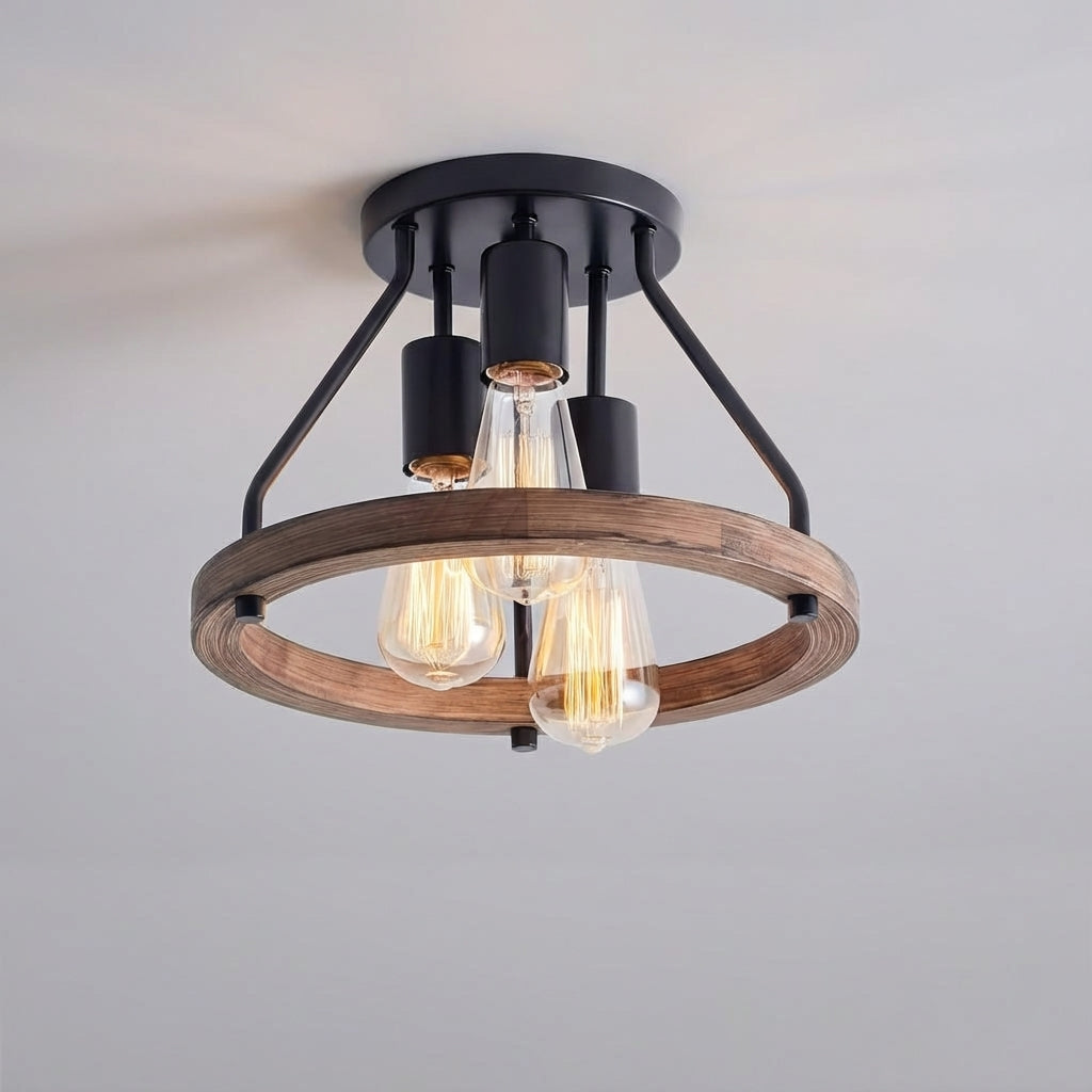 Deckenlampe Industrie-Landhausstil Holz Metall | Rustikaler Holzring, Metallakzente | 3 verstellbare Lichtquellen