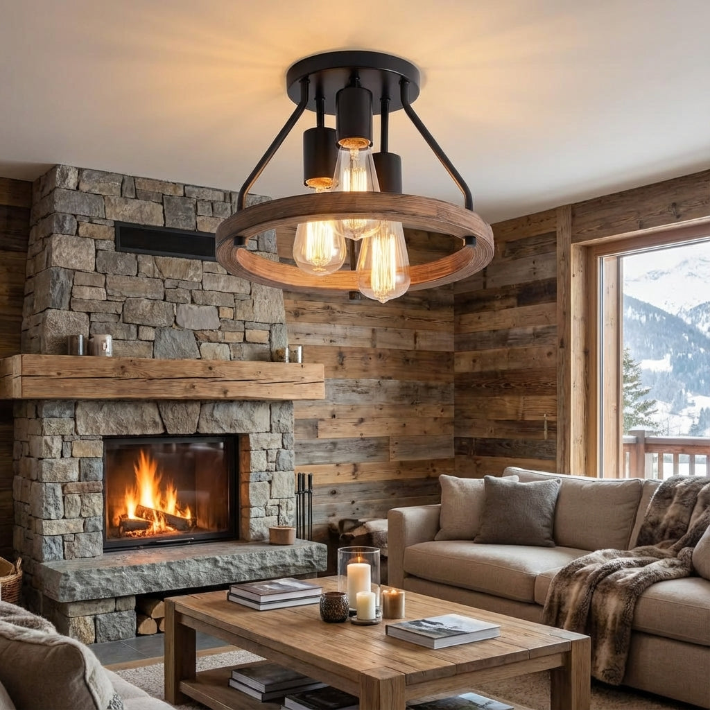 Deckenlampe Industrie-Landhausstil Holz Metall | Rustikaler Holzring, Metallakzente | 3 verstellbare Lichtquellen