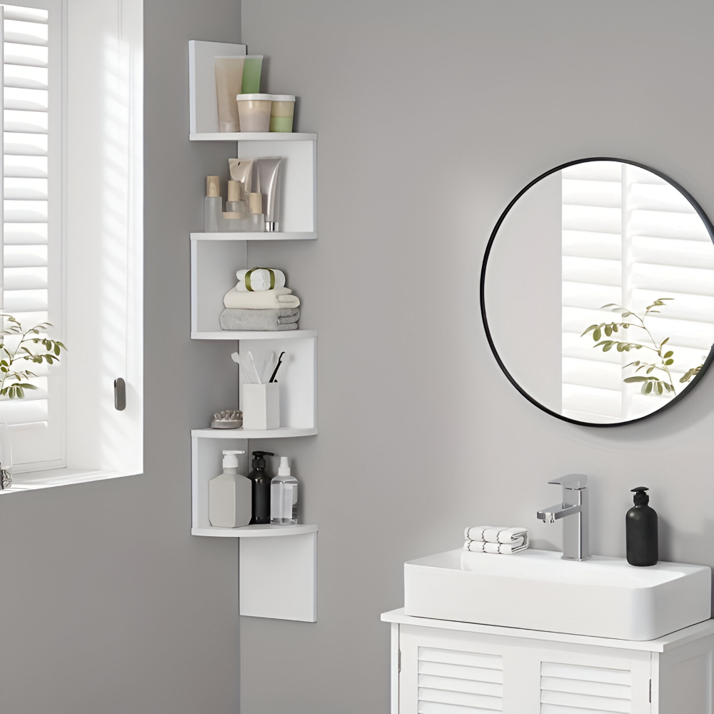 Eckregal 5 Ebenen | Ickzack Design mit Ebenen | Platzsparende Ecknutzung | CornerZig