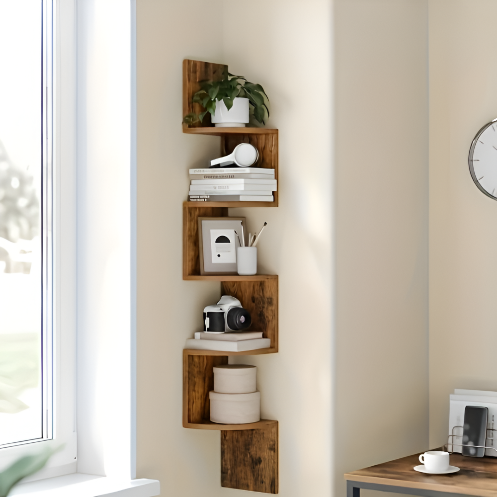 Eckregal 5 Ebenen | Ickzack Design mit Ebenen | Platzsparende Ecknutzung | CornerZig