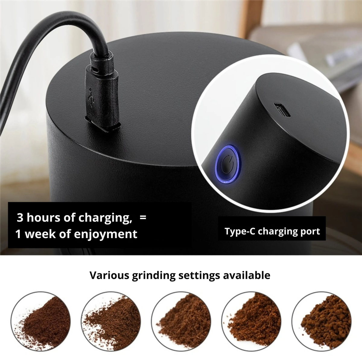 Elektrische Kaffeemühle mit einstellbarem Mahlgrad | USB Aufladbar & Kabellos | Für Kaffee, Gewürze, Pfeffer und Samen 7