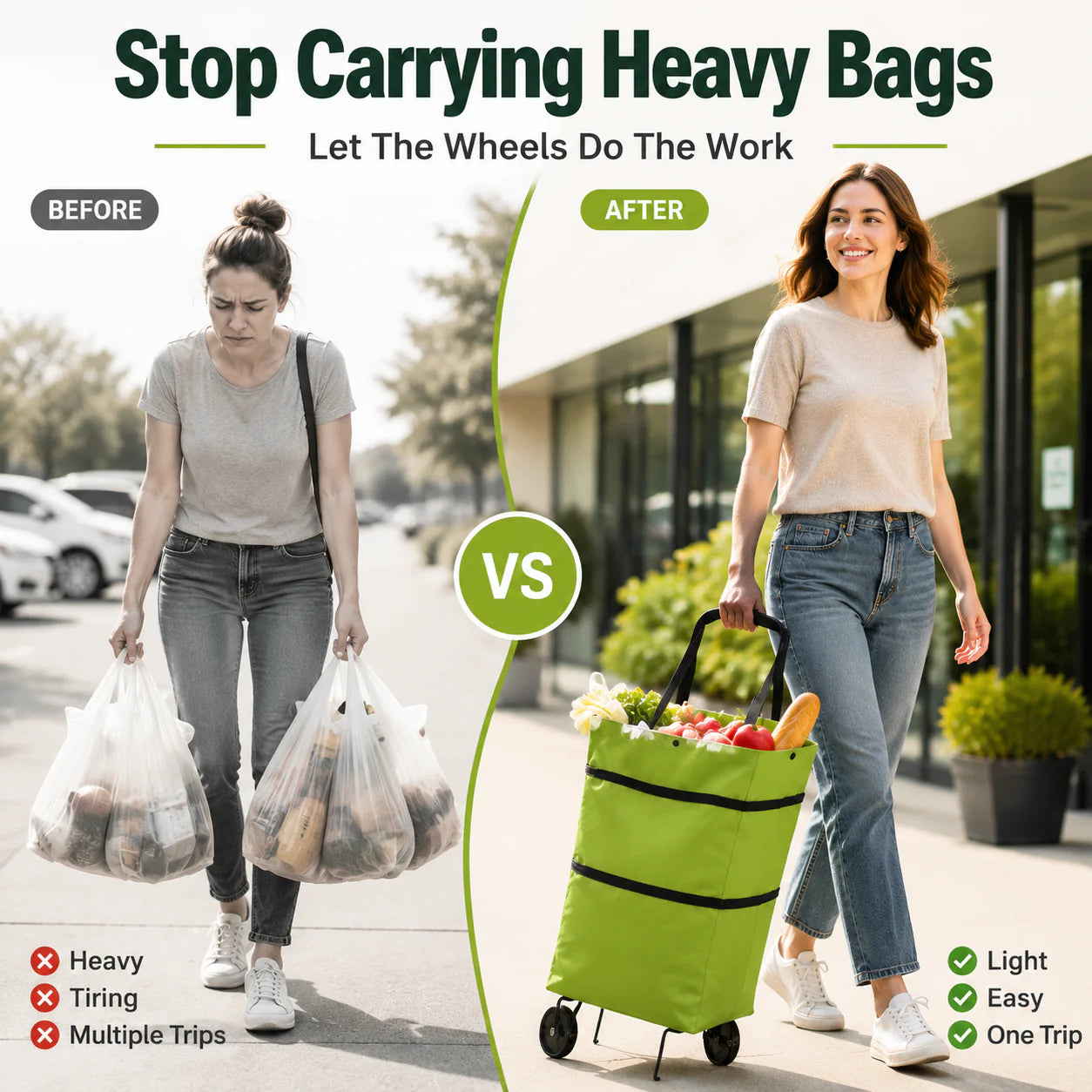 Faltbare 2-in-1 Einkaufstasche | Tragetasche & Roll-Trolley in einem | Platzsparend | CartAway