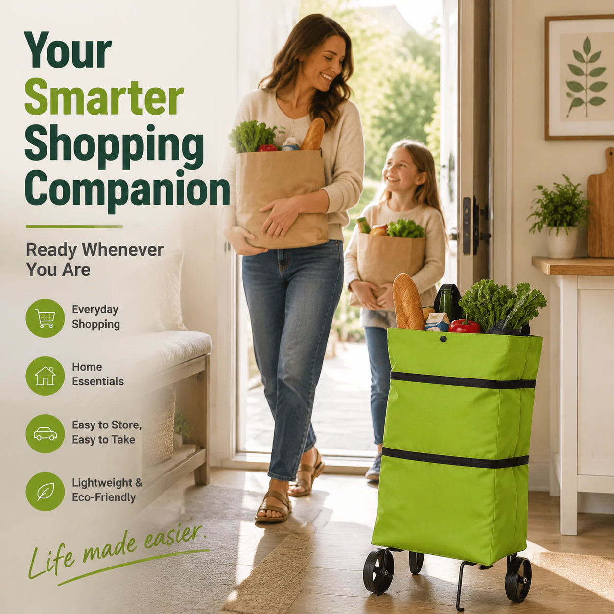 Faltbare 2-in-1 Einkaufstasche | Tragetasche & Roll-Trolley in einem | Platzsparend | CartAway