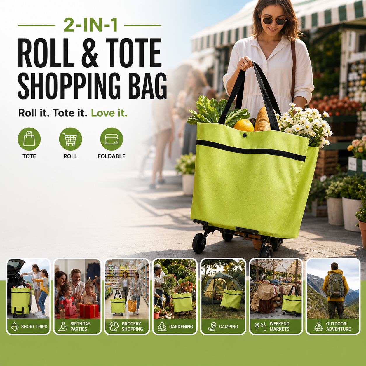 Faltbare 2-in-1 Einkaufstasche | Tragetasche & Roll-Trolley in einem | Platzsparend | CartAway
