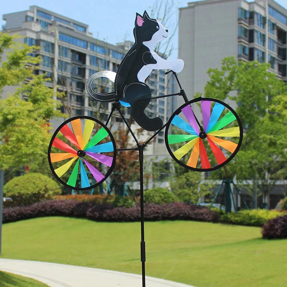 Gartendekoration | Windmühle Katze Fahrrad | Handbemalte Figur | Spinbloom