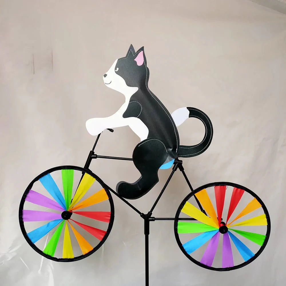 Gartendekoration | Windmühle Katze Fahrrad | Handbemalte Figur | Spinbloom