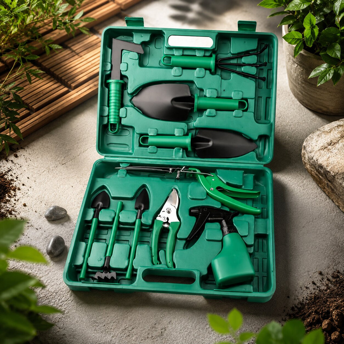 Gartenwerkzeug Set Edelstahl | 10 Teile inkl. Hartschalenkoffer für Pflanzen, Graben und Schneiden | Rostbeständig und ergonomisch 1