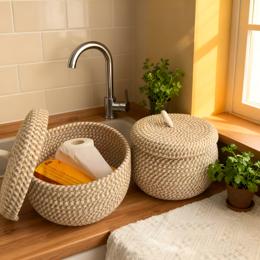 Gewebter Aufbewahrungskorb | Runder Aufbewahrungskorb | Handgewebte Boho | CasaWeave