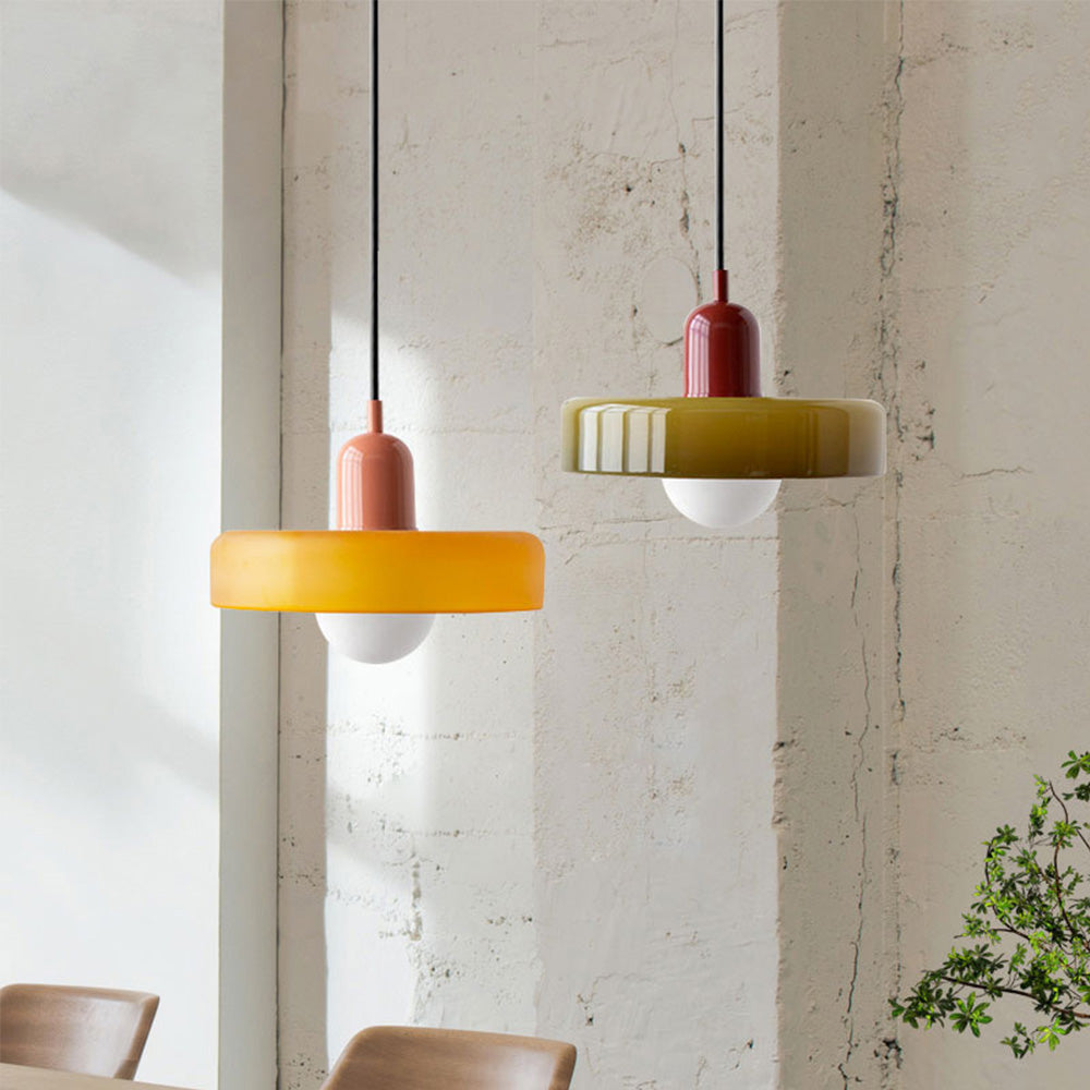 Glas-Pendelleuchte Bauhaus-Stil | Rundes Buntglas mit verstellbarer Hängehöhe | Ideal für Wohnzimmer, Küche und Flur 1