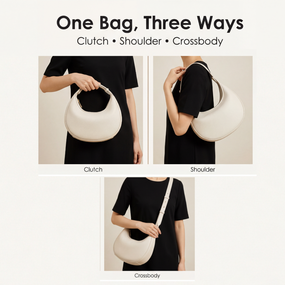 Halbmond-Schultertasche | Drei Tragearten | Weiches Kunstleder | LunaStride