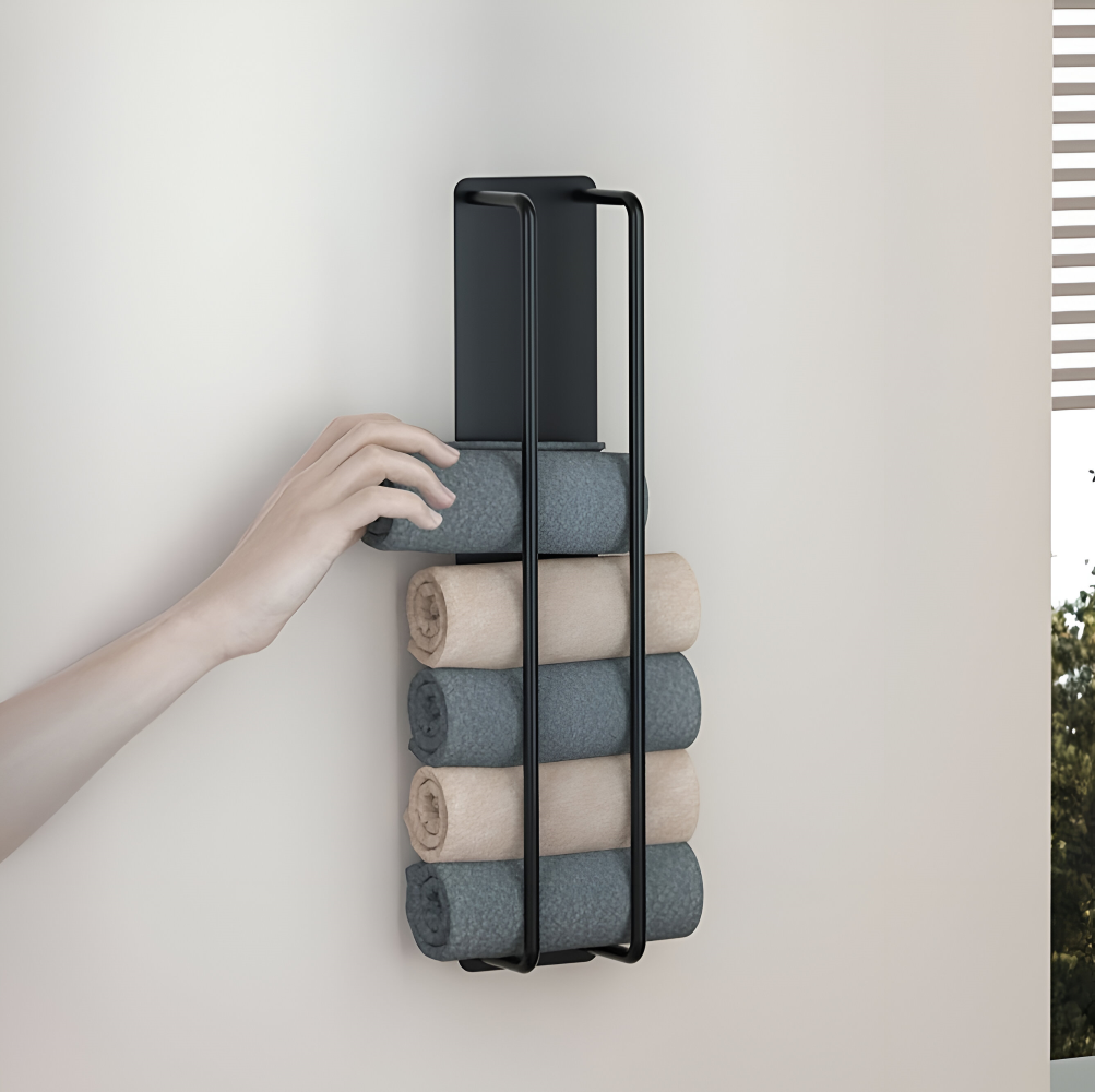 Handtuchhalter | Vertikale Wandaufbewahrung | Offener Drahtkorb | TowelStack