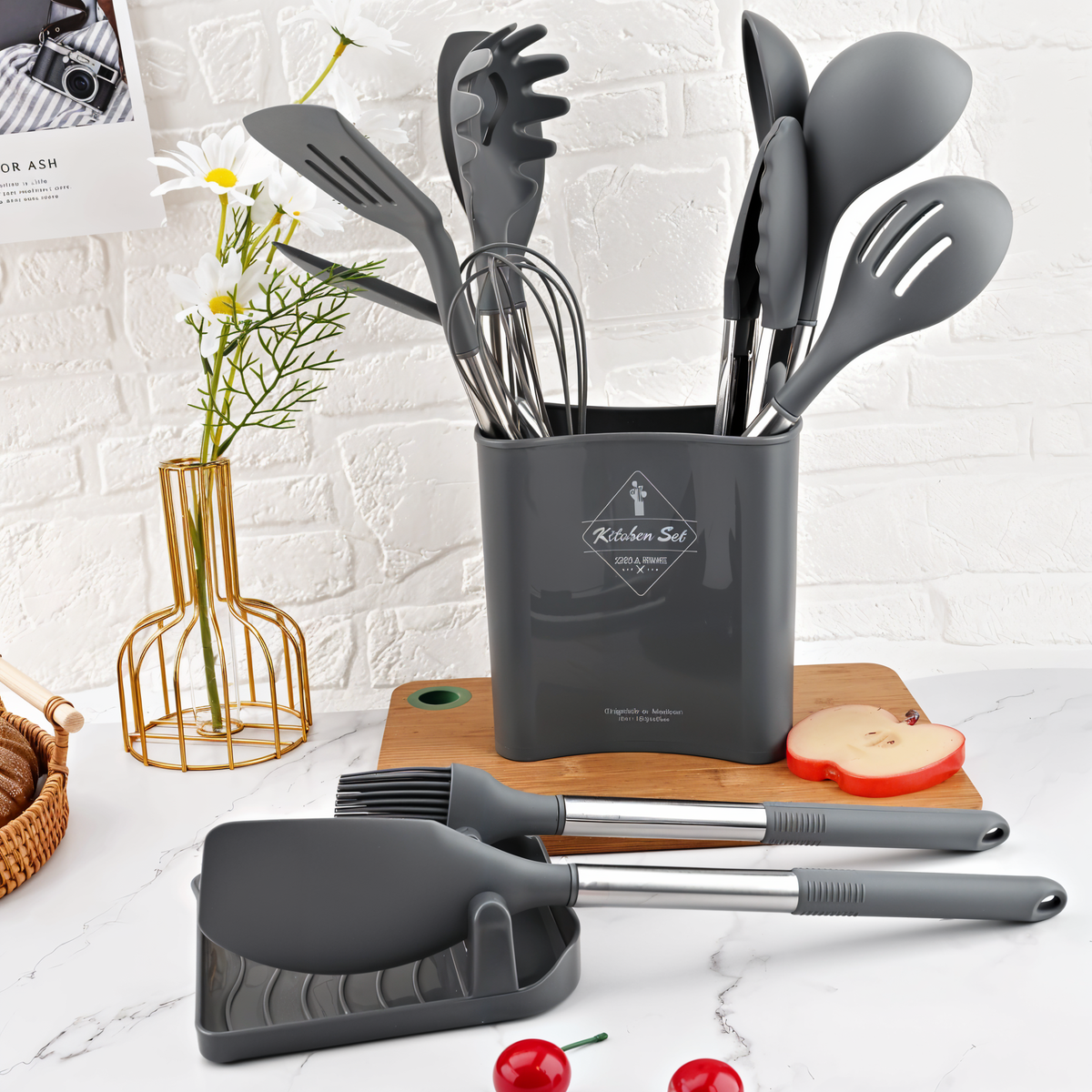 Silikon-Küchenutensilien-Set 12-teilig, 34 cm, Edelstahlgriffe | Beige, Schwarz, Grau | Hitzebeständig, BPA-frei, inkl. Halter 5