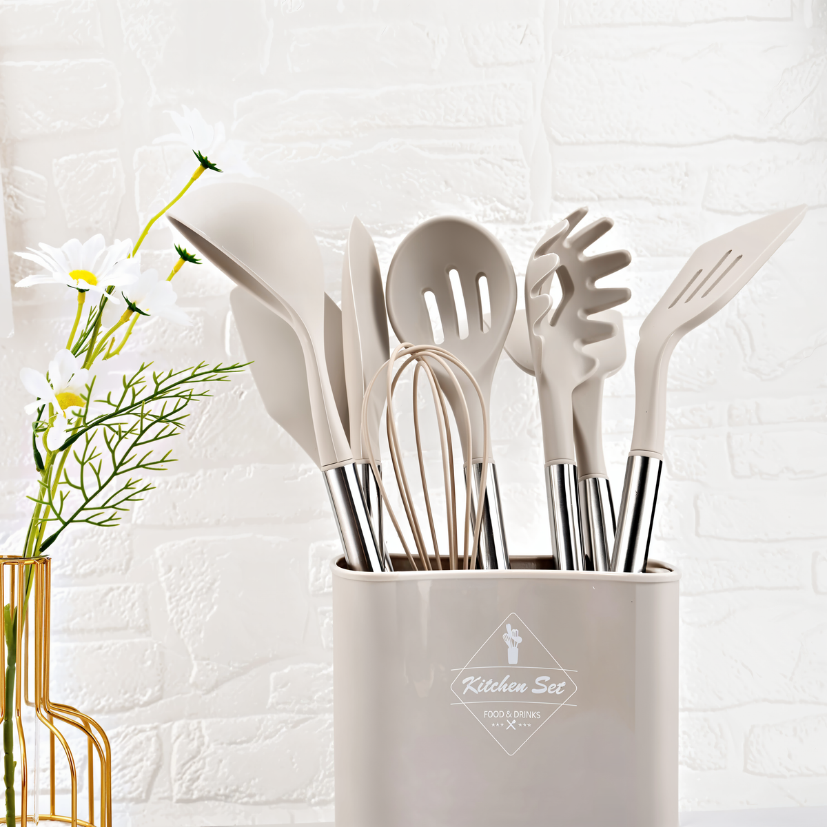 Silikon-Küchenutensilien-Set 12-teilig, 34 cm, Edelstahlgriffe | Beige, Schwarz, Grau | Hitzebeständig, BPA-frei, inkl. Halter 11