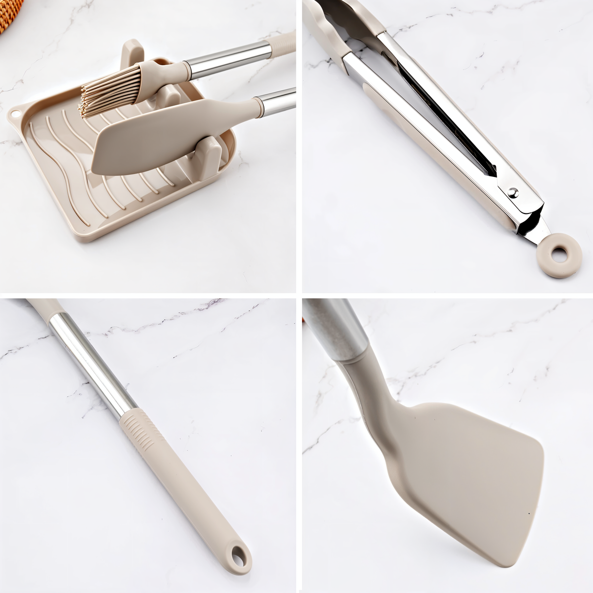 Silikon-Küchenutensilien-Set 12-teilig, 34 cm, Edelstahlgriffe | Beige, Schwarz, Grau | Hitzebeständig, BPA-frei, inkl. Halter 12
