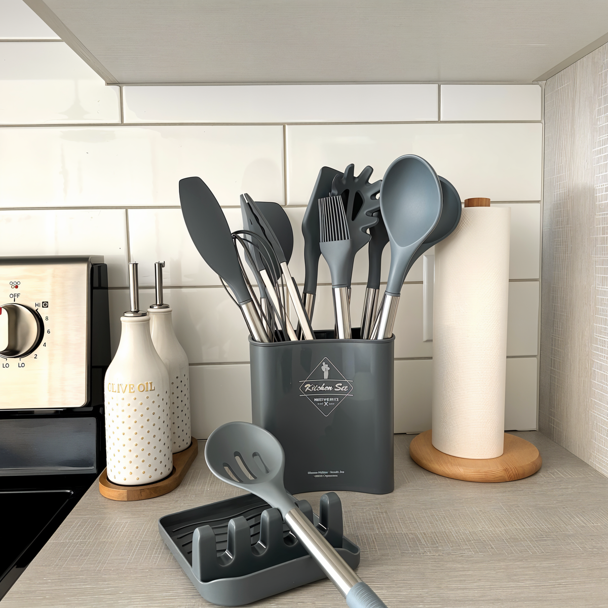 Silikon-Küchenutensilien-Set 12-teilig, 34 cm, Edelstahlgriffe | Beige, Schwarz, Grau | Hitzebeständig, BPA-frei, inkl. Halter 2