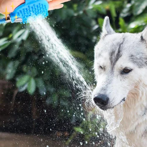 Hundeduschhandschuh mit Bürste | Gartenschlauch-Anschluss | Silikon | Aquabrush
