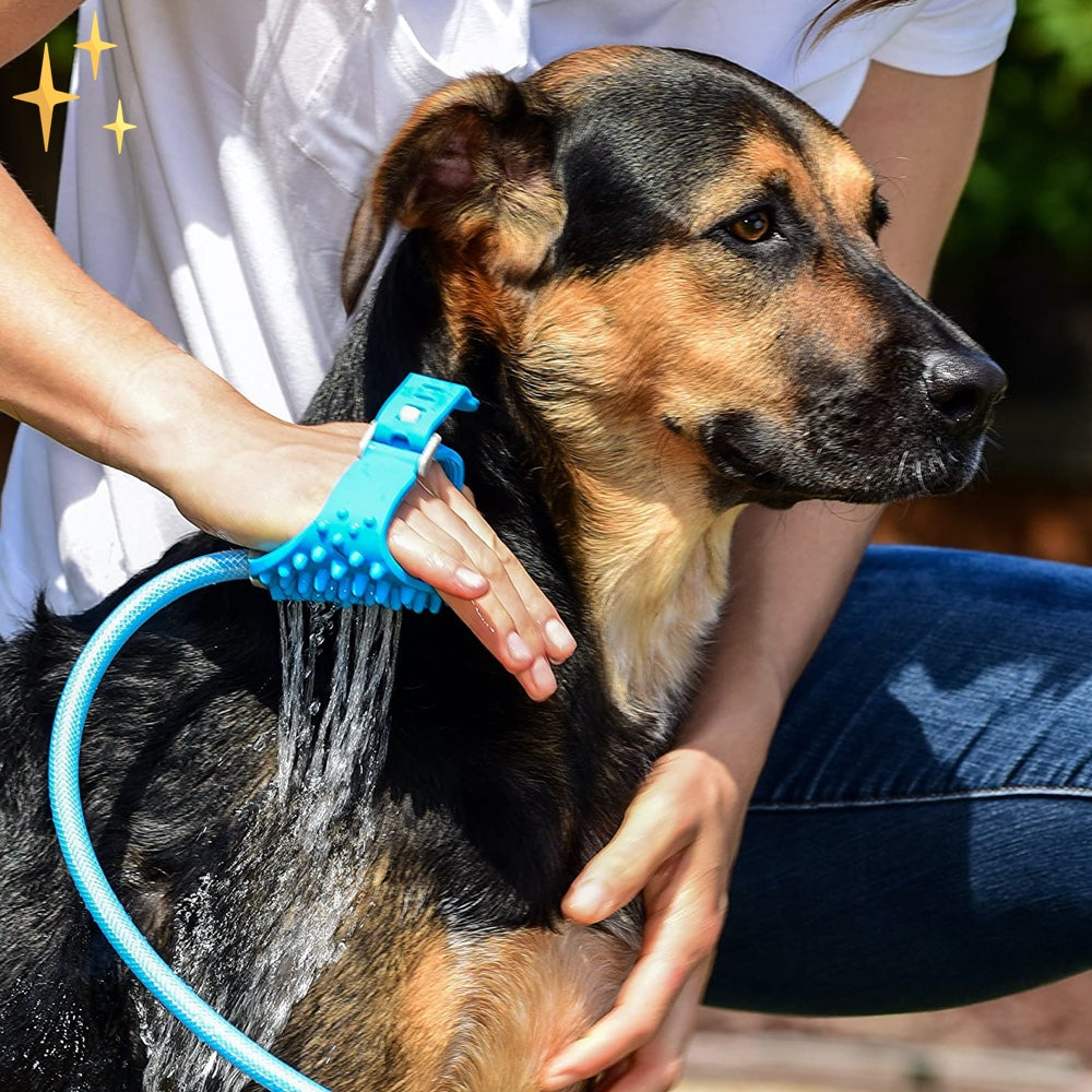 Hundeduschhandschuh mit Bürste | Gartenschlauch-Anschluss | Silikon | Aquabrush