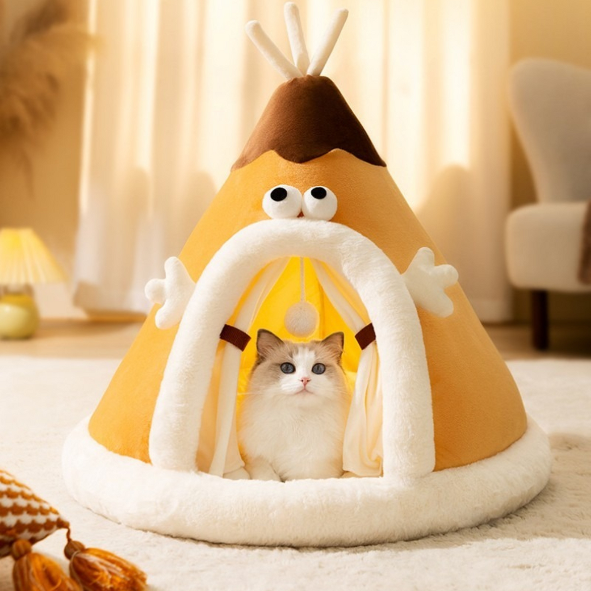 Katzenbett Zelt aus Fleece & Plüsch, 38–65 cm | Orange, Grau, Grün | Rutschhemmend, warmer Rückzugsort für Herbst & Winter 2