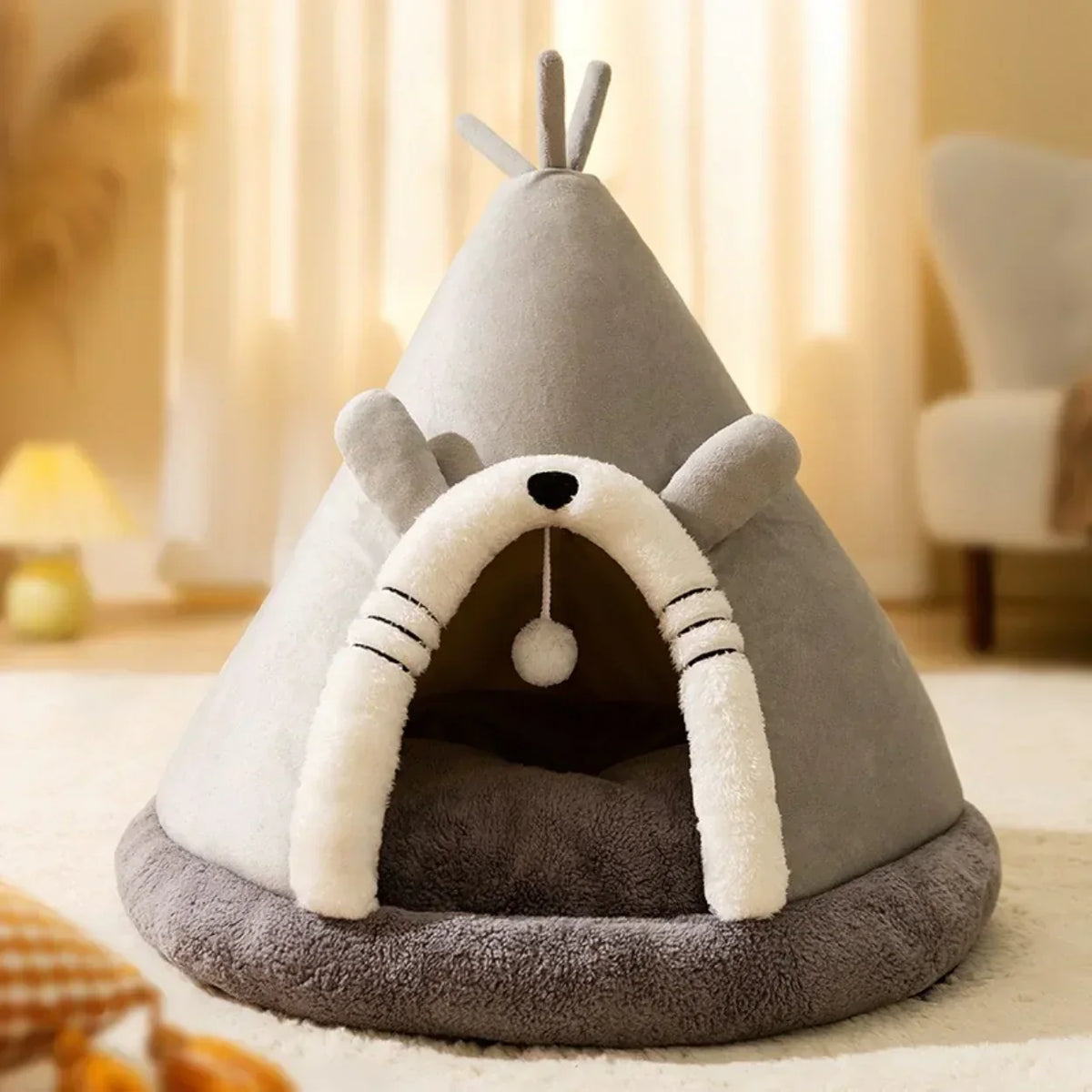 Katzenbett Zelt aus Fleece & Plüsch, 38–65 cm | Orange, Grau, Grün | Rutschhemmend, warmer Rückzugsort für Herbst & Winter 3