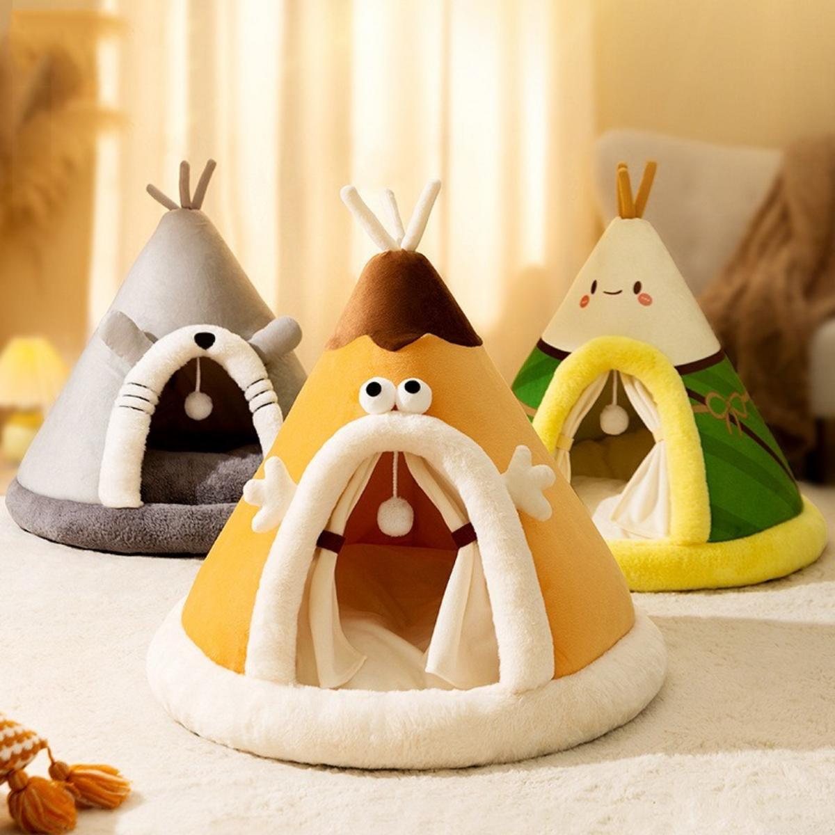Katzenbett Zelt aus Fleece & Plüsch, 38–65 cm | Orange, Grau, Grün | Rutschhemmend, warmer Rückzugsort für Herbst & Winter 1
