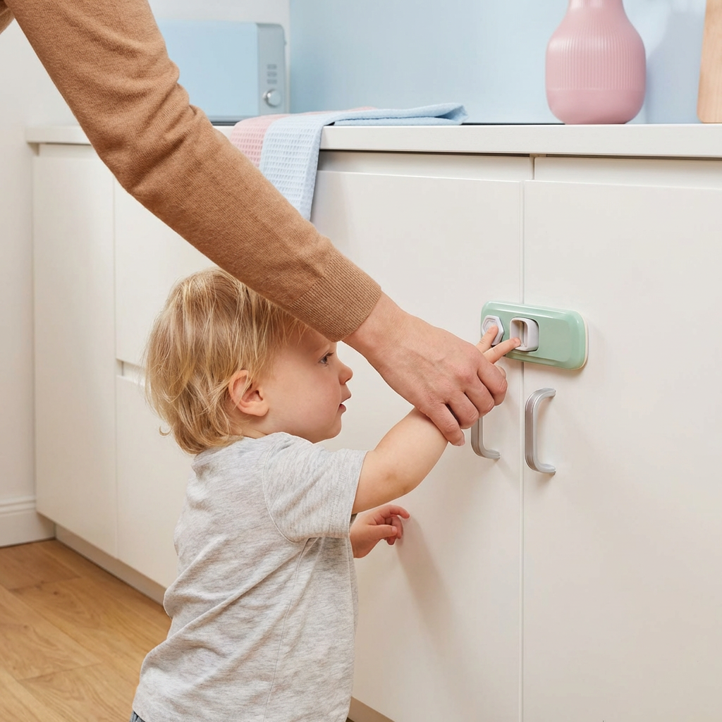 Kindersicherung für Schrank & Schublade 2er Set | 360° drehbar, ohne Bohren | Verschluss für Kühlschrank & Möbel