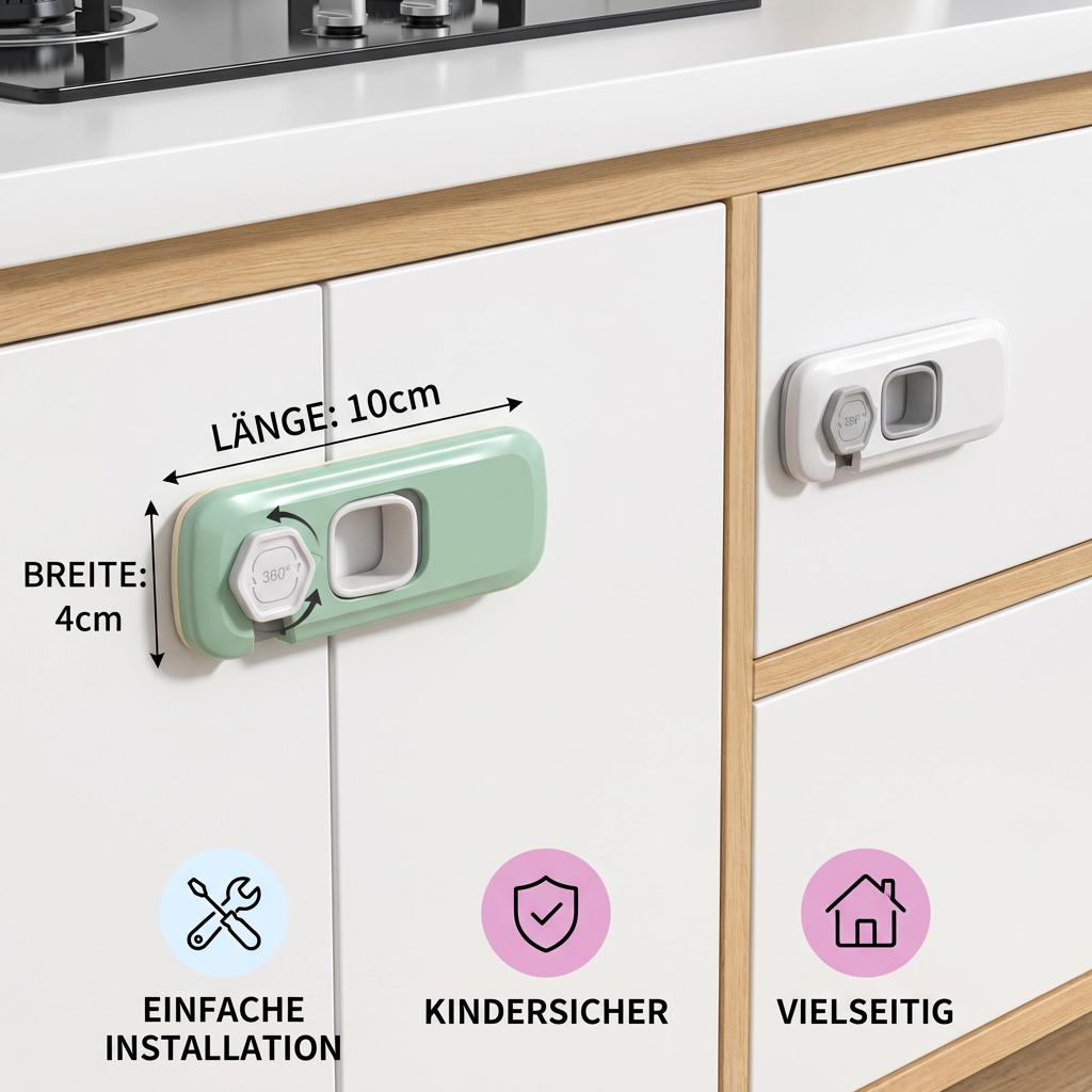 Kindersicherung für Schrank & Schublade 2er Set | 360° drehbar, ohne Bohren | Verschluss für Kühlschrank & Möbel