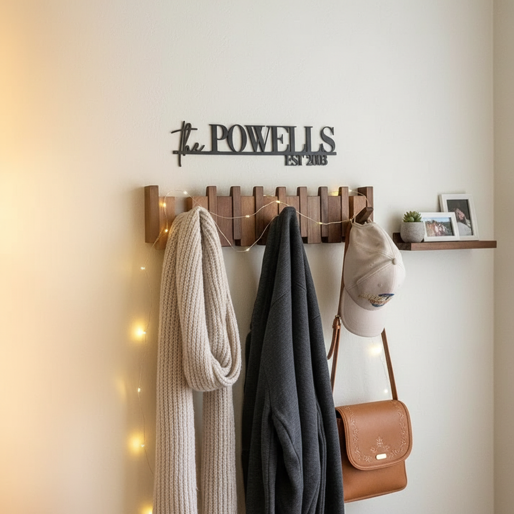 Klaviergarderobe aus Holz | Massivholz Nussbaum & Ahorn | 8 Haken Wandmontage | Keystrak