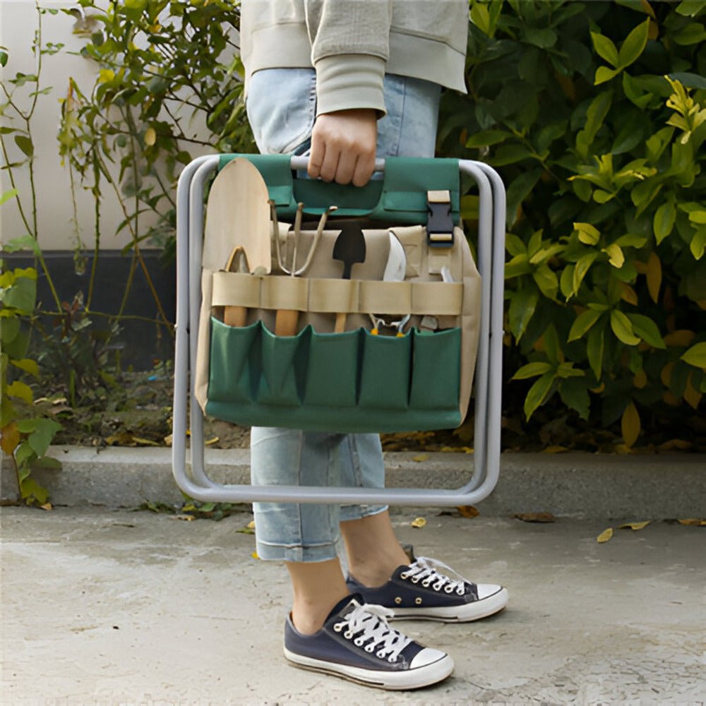 Kompaktes faltbares Gartengeräte-Set | Oxford | Hocker & Werkzeugtasche | Sitwerk