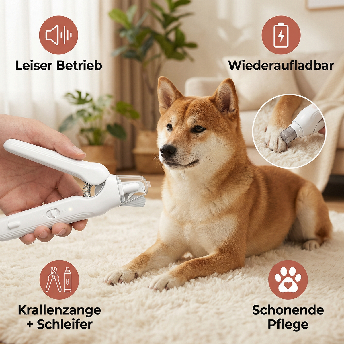 Krallenschneider & Schleifer für Haustiere 2-in-1 | Leise mit LED-Licht | Kabellos, USB-Akku, für Hunde aller Größen