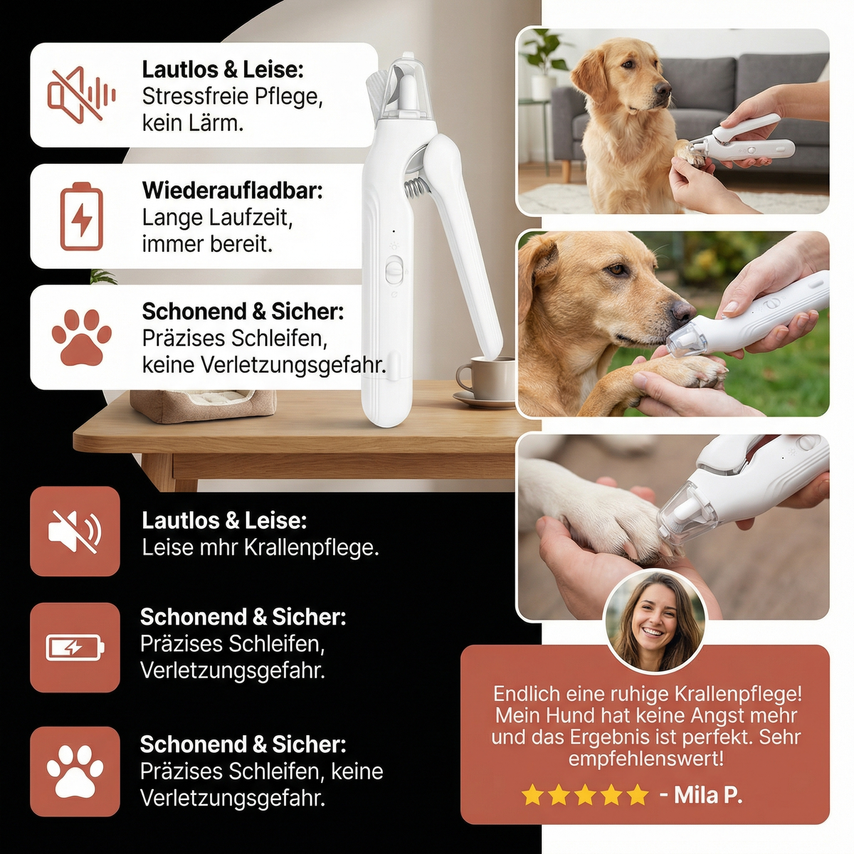 Krallenschneider & Schleifer für Haustiere 2-in-1 | Leise mit LED-Licht | Kabellos, USB-Akku, für Hunde aller Größen