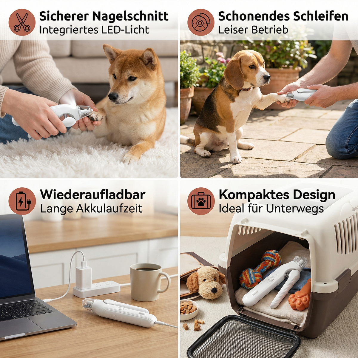 Krallenschneider & Schleifer für Haustiere 2-in-1 | Leise mit LED-Licht | Kabellos, USB-Akku, für Hunde aller Größen