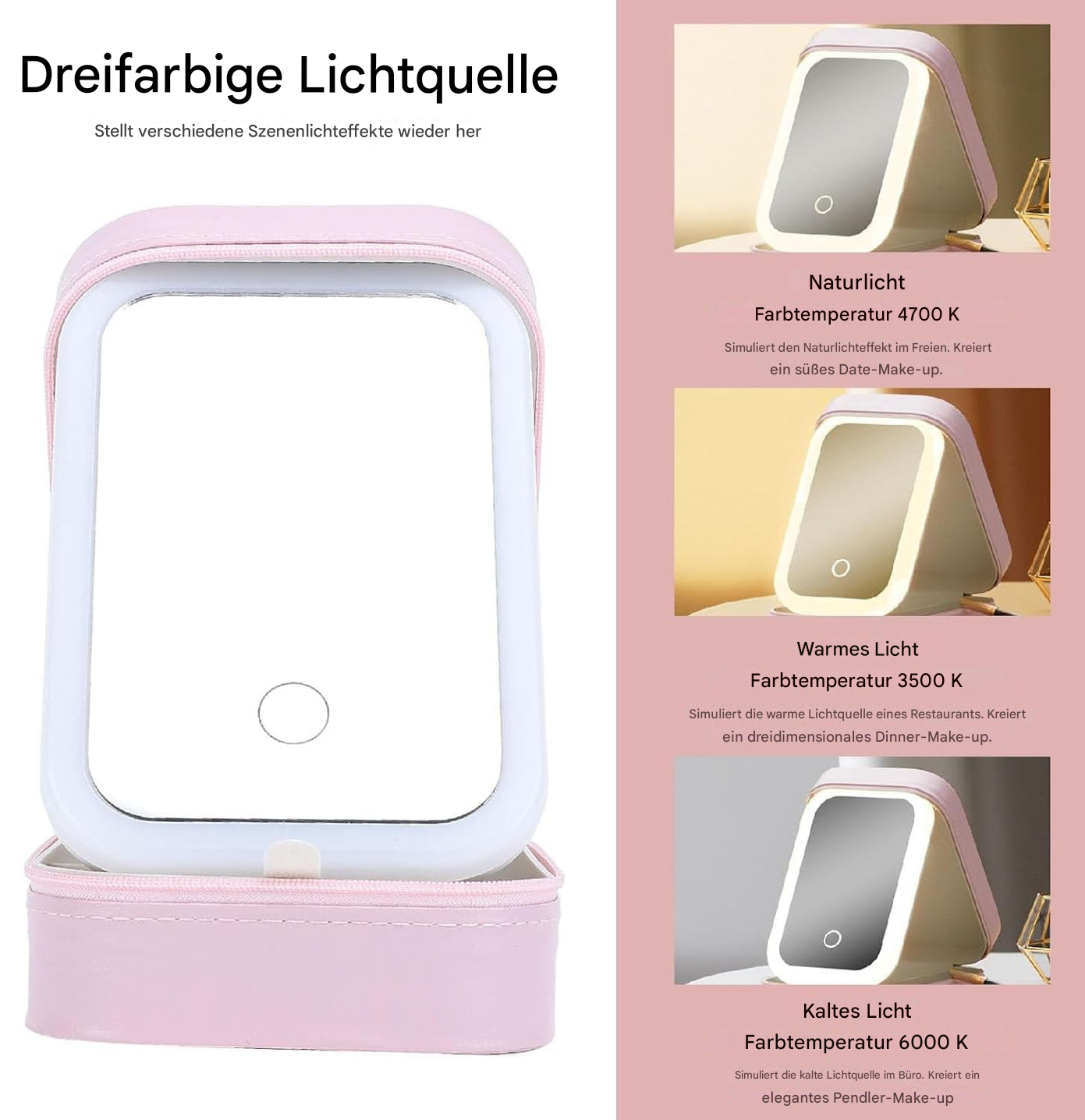LED Kosmetikspiegel Box | 3 Lichtmodi | Organizer & Reiseetui | Touchsteuerung | VanityBox