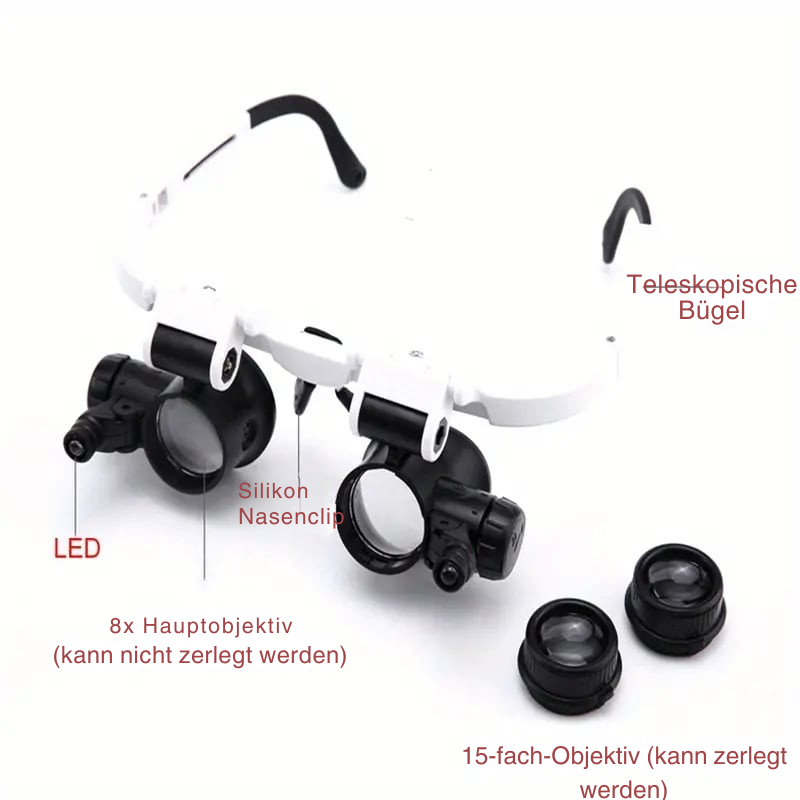 Lupe Stirnlampe | 8–23x Vergrößerung | LED-Beleuchtung | MicroSight Headlamp