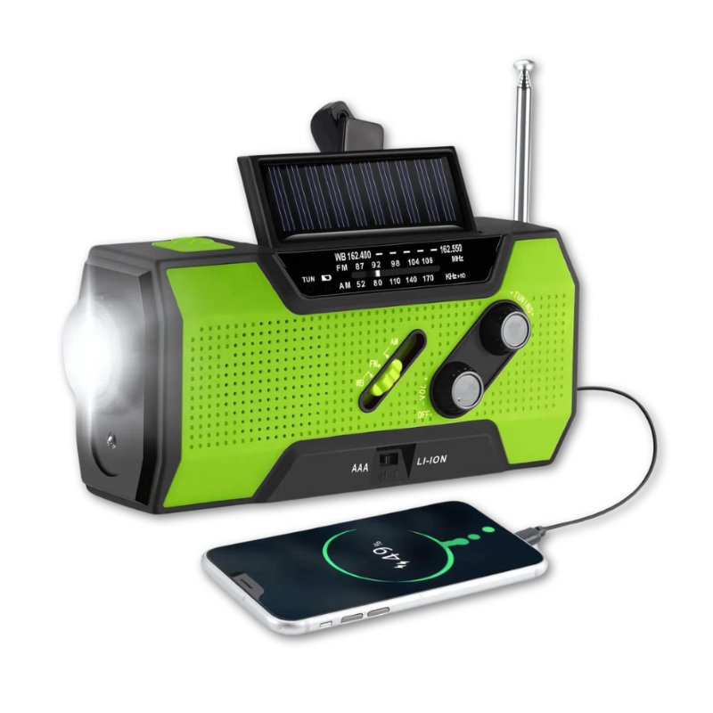 Multifunkční nouzové rádio | Akumulátor 4000 mAh, klička a solární nabíjení | AM/FM, svítilna a SOS alarm | CrankLight