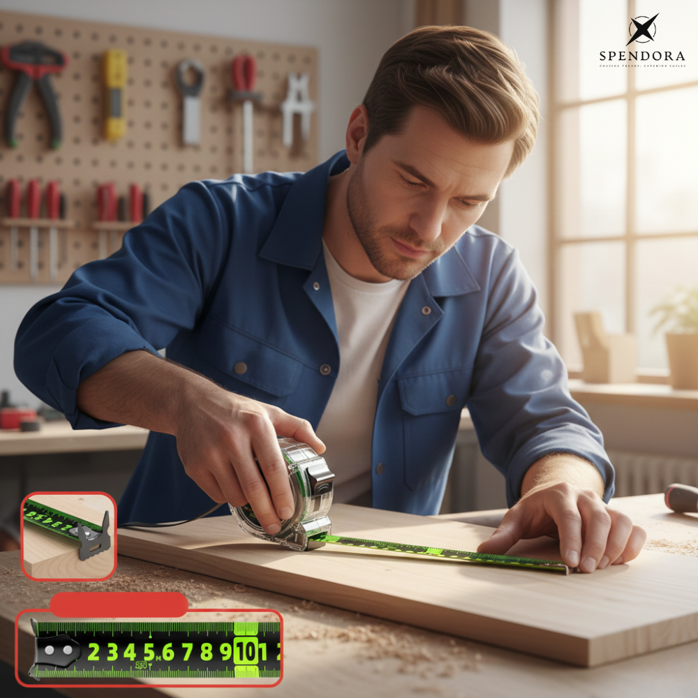 Maßband mit Leuchtband | Beidseitige Lasergravur | Selbstjustierender Haken | TrueLine