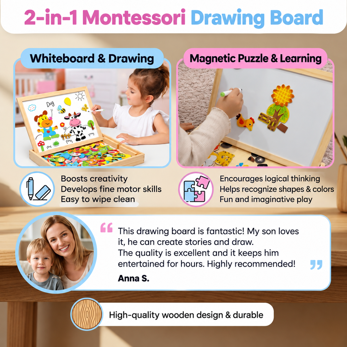 Montessori Zeichentafel 2in1 aus Holz | Magnetseite und Schreibseite | Formen, Farben und Tiere spielerisch lernen