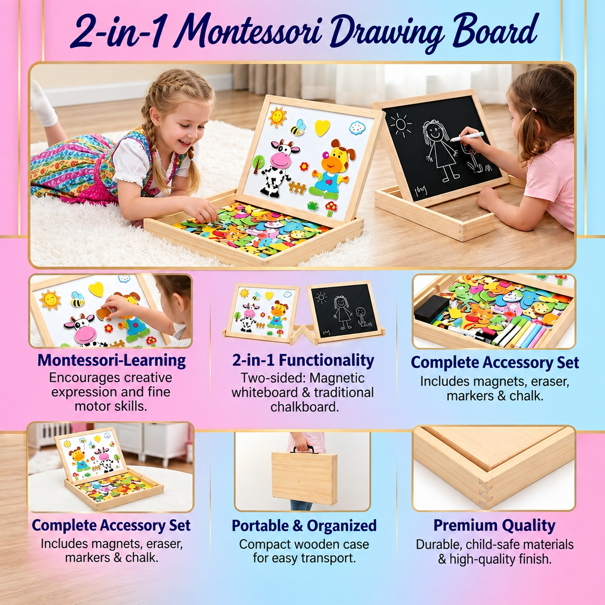 Montessori Zeichentafel 2in1 aus Holz | Magnetseite und Schreibseite | Formen, Farben und Tiere spielerisch lernen