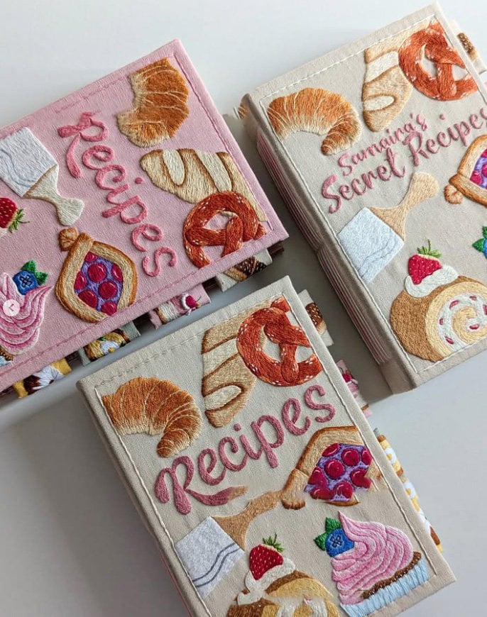 Notizbuch | Handgemachtes Rezeptbuch | Bestickter Stoffeinband | RezeptHerz