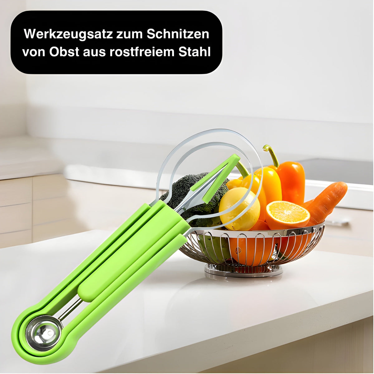 4-in-1 Obstwerkzeug Edelstahl | Schneiden, Entkernen, Schälen und Dekorieren | Küchenhelfer für schnelle Obstzubereitung 5