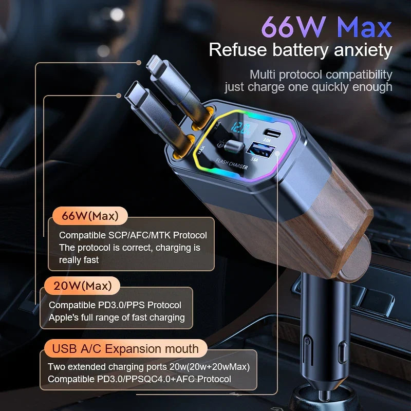 4-in-1 Ausziehbares Autoladegerät | 120W Schnellladung mit USB-C für iPhone & Android | Zigarettenanzünderadapter integriert 3