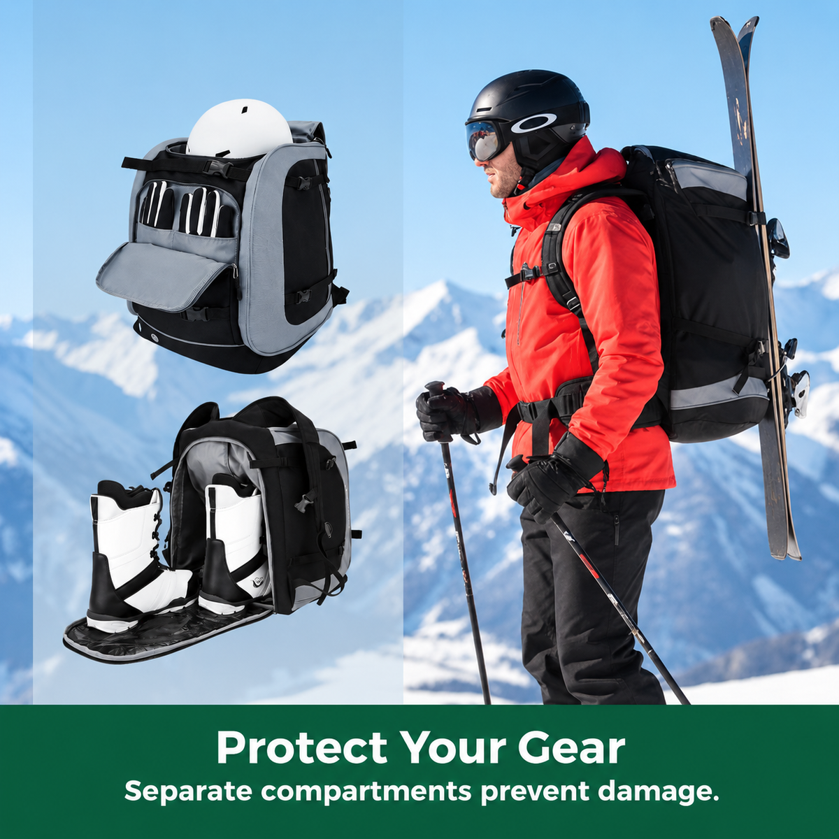 Ski Rucksack 65L | Skistiefeltasche mit Helmfach & Skibrillenfach | Oxford-Gewebe, verstellbare Trageriemen, Skihalterung
