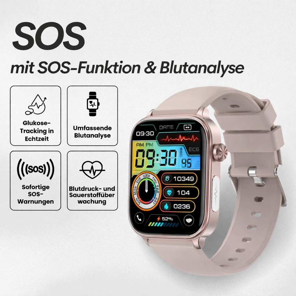 Smartwatch mit SOS-Notfallalarm und Sturzerkennung | Herzfrequenz-, Sauerstoff- und Aktivitätsmessung | Bluetooth und wasserdicht