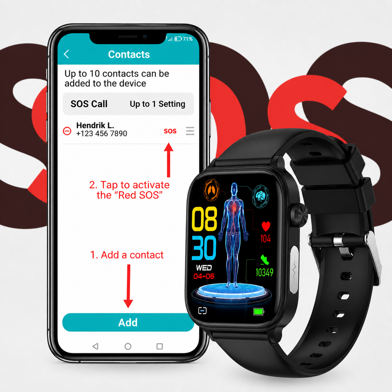 Smartwatch mit SOS-Notfallalarm und Sturzerkennung | Herzfrequenz-, Sauerstoff- und Aktivitätsmessung | Bluetooth und wasserdicht