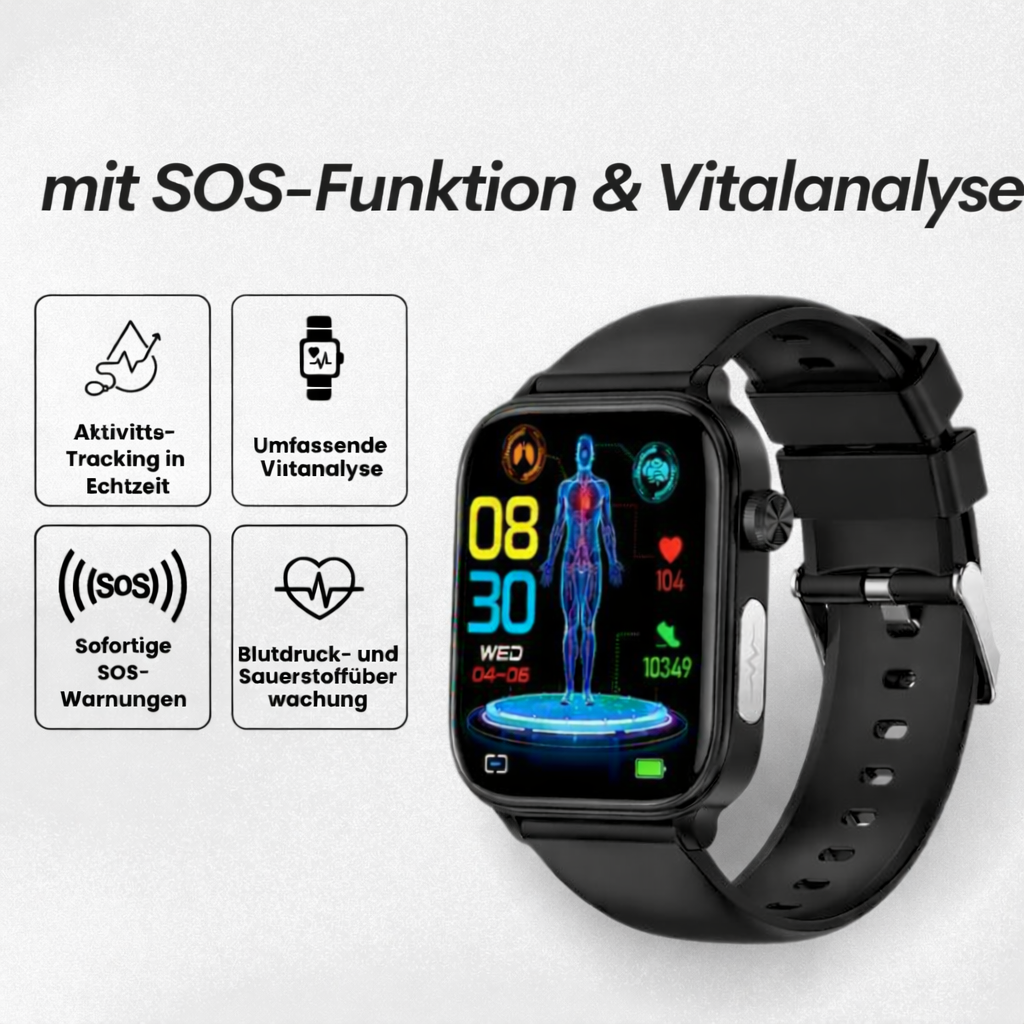 Smartwatch mit SOS-Notfallalarm und Sturzerkennung | Herzfrequenz-, Sauerstoff- und Aktivitätsmessung | Bluetooth und wasserdicht