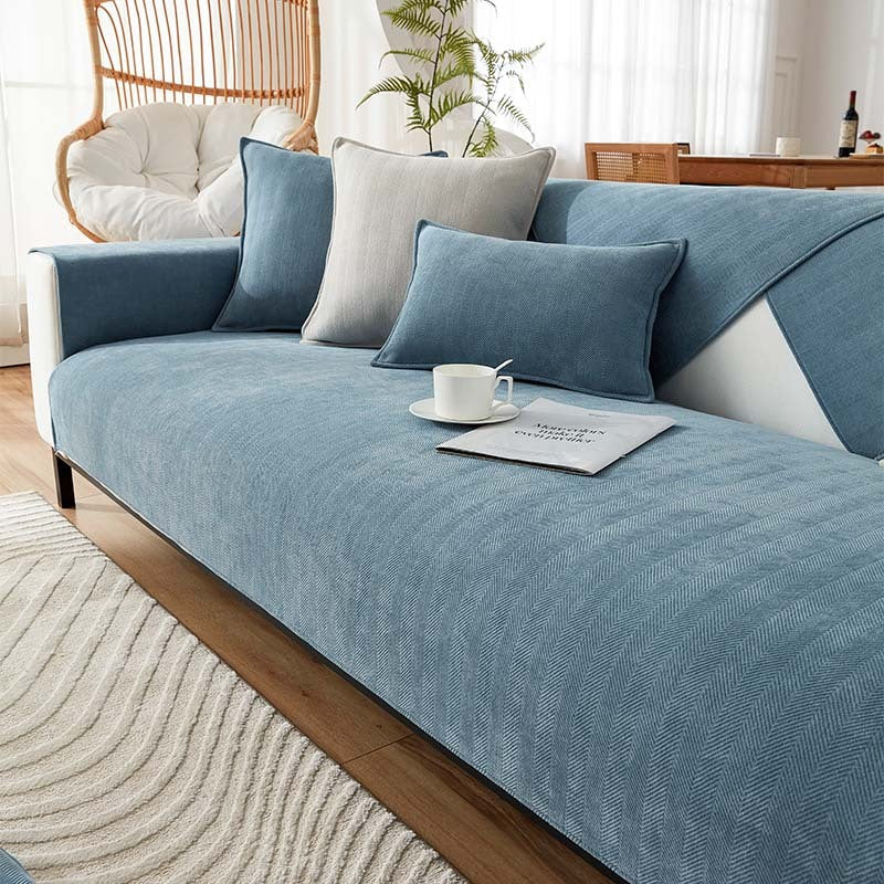 Sofabezug Chenille-Stoff Fischgrätenmuster | 70x70 bis 90x210 cm, 5 Farben | Anti-Rutsch-Rückseite für Sofa & Sessel 5