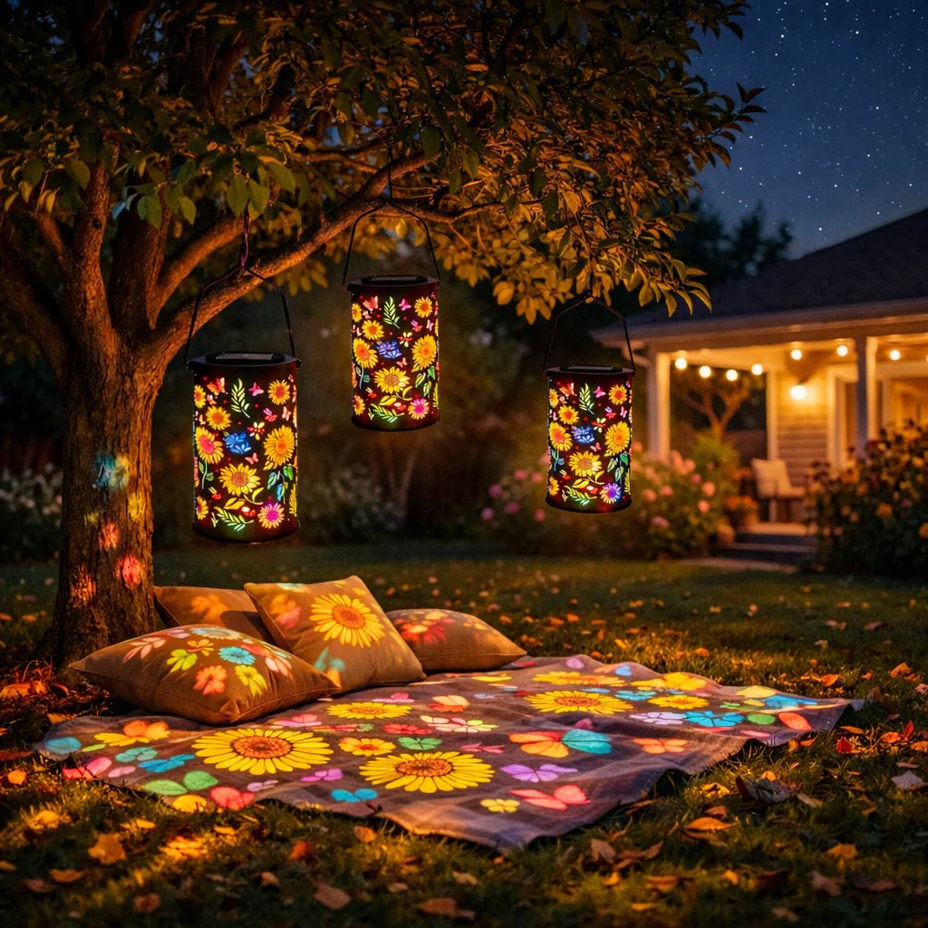 Solar Gartenlaterne Metall | Blumen-Lichtprojektion | Automatik-Dämmerungsschalter | LumaBloom