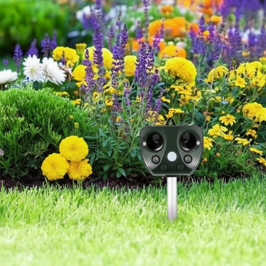 Solarbetriebener Tiervertreiber Ultraschall | PIR-Sensor 110°, 9 m | IPX4, Solar & USB | Wildblock