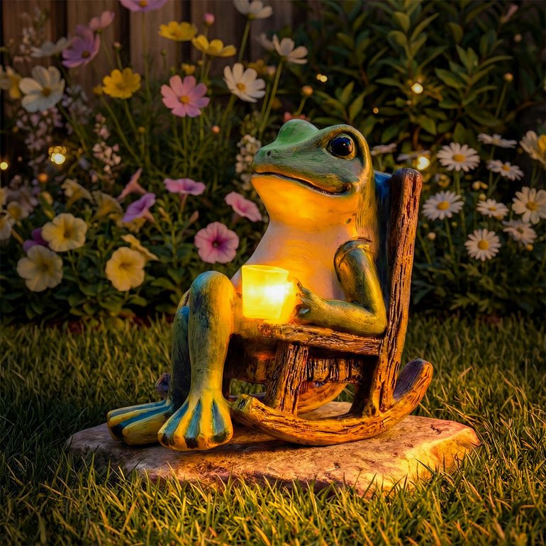 Solargartenfigur Frosch | Warmweißes LED-Licht | Automatik-Dämmerungsschalter | NachtQuak
